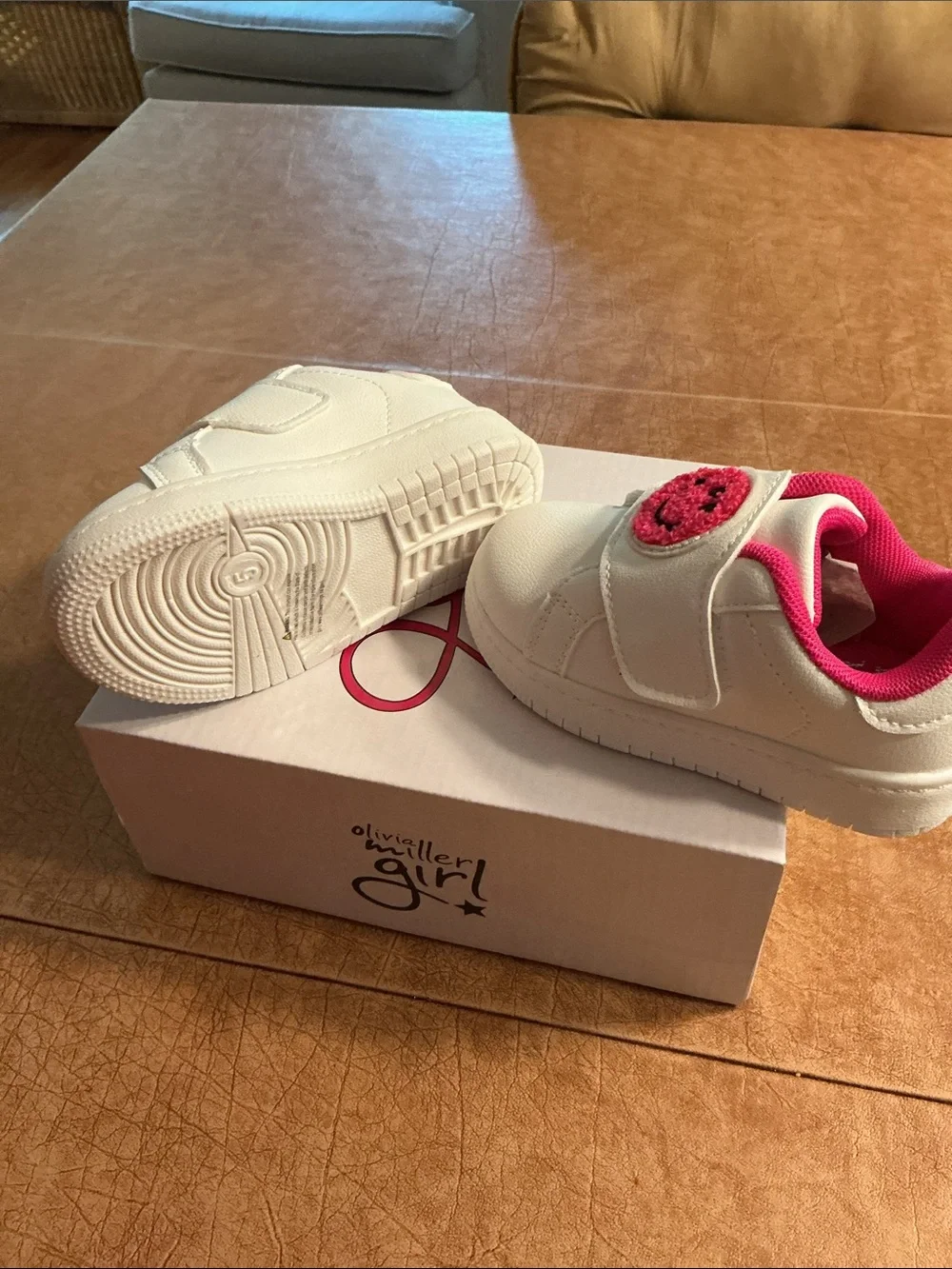 Olivia Miller White Sneakers with Hot Pink Smiley Accent